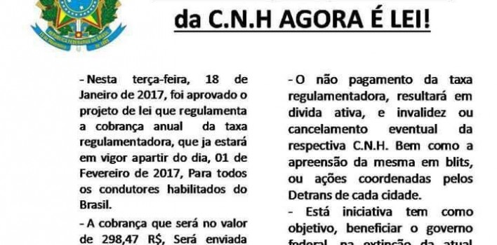 Boato: lei que institui anuidade para portadores de CNH não é real