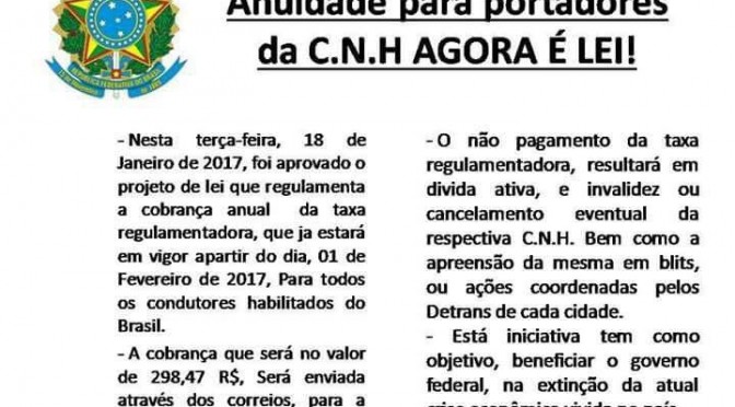 Boato: lei que institui anuidade para portadores de CNH não é real